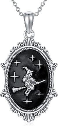 wholesale 925 Sterling Silver Black Onyx Witch and Broomstick Pendant Necklace-Witch Necklace