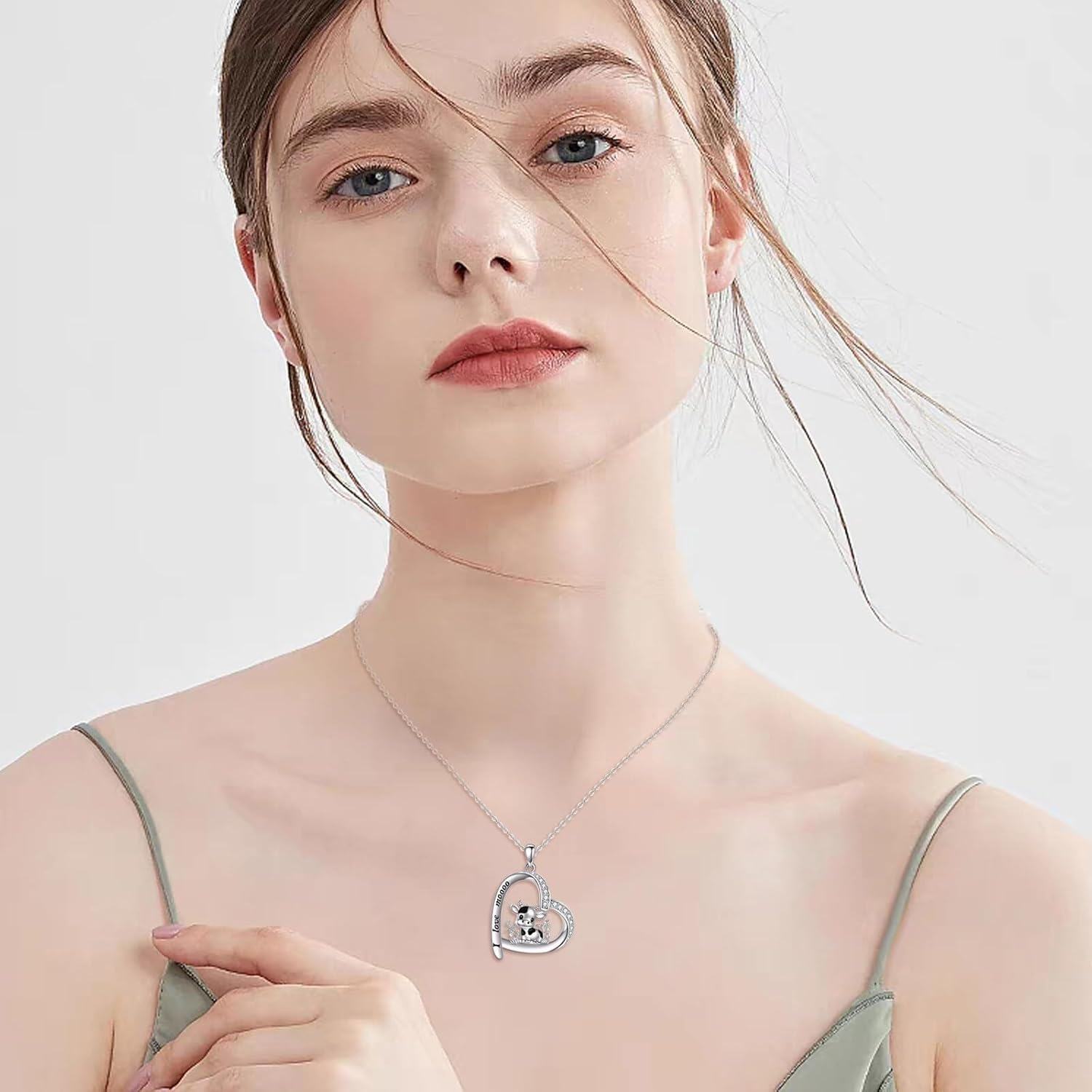 Sterling Silver Heart Pendant Necklace with Cute Animal Charms (Cow Squirrel Guinea Pig Bulldog Axolotl) for Women Teens-0-2