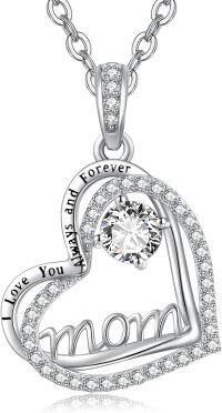 wholesale S925 Sterling Silver Mom Necklace with Cubic Zircon Birthstone - Heart Pendant Jewelry Gift for Women, Mother, Mother-in-Law - Birthday, Mothers Day, Anniversary-04 Apr - Cubic Zircon
