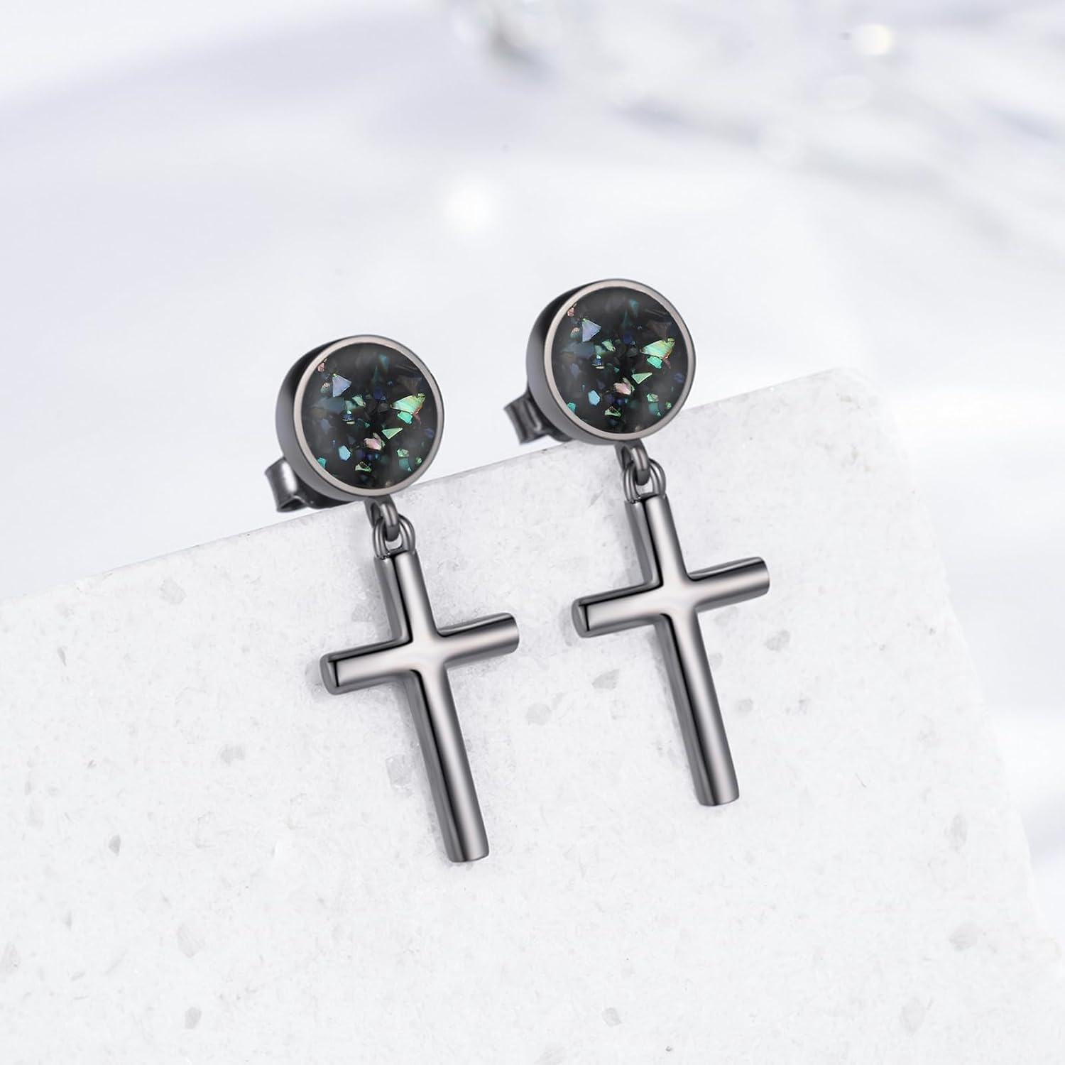 wholesale 925 Sterling Silver Cross Dangle Drop Earrings with Turquoise and Abalone Shell-0-1
