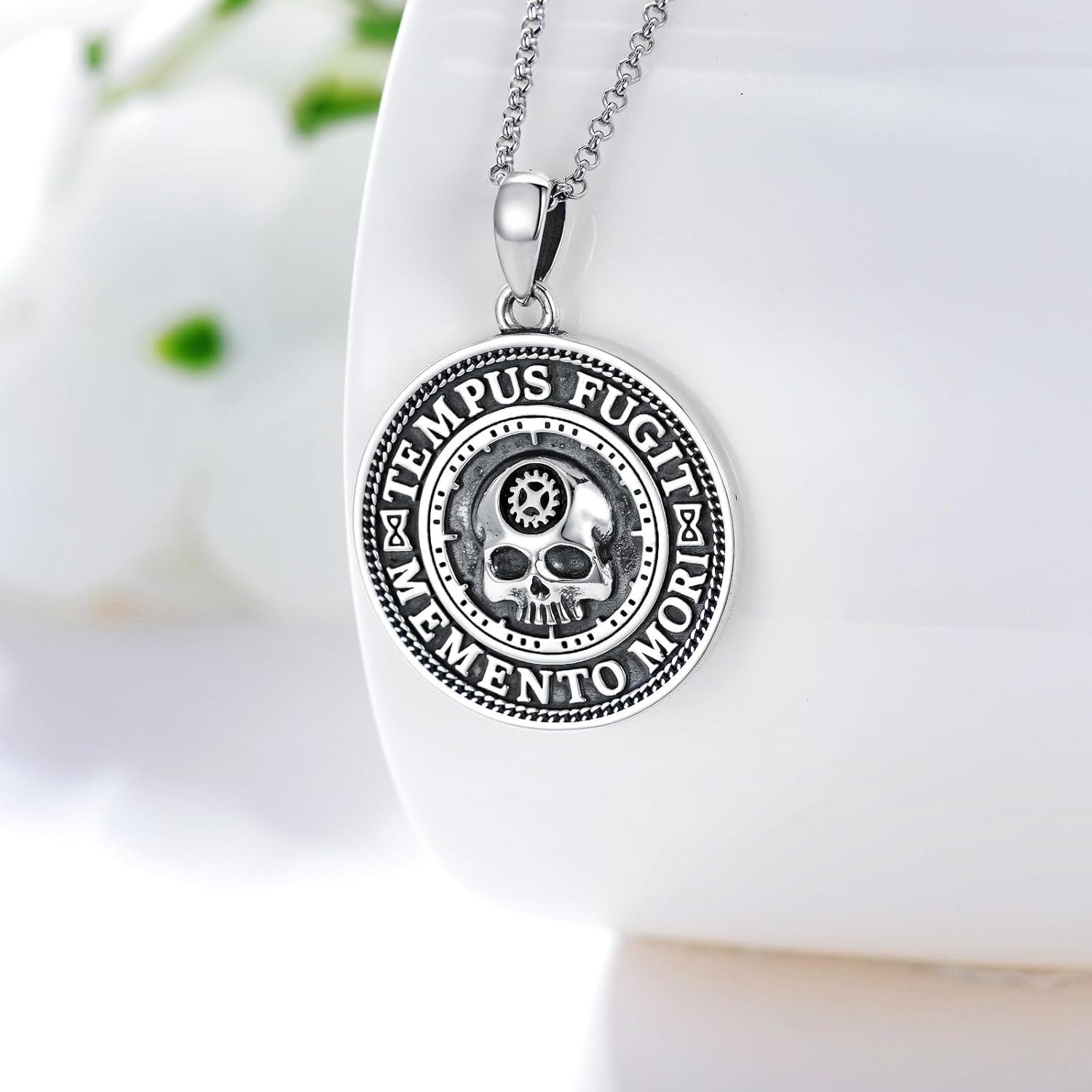 wholesale 925 Sterling Silver Round Pendant with Tree of Life and Skull Charm Necklace for Women Men Gothic s 47mm Diameter-0-1