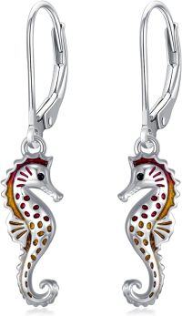 wholesale 925 Sterling Silver Black Enamel Sea Horse Leverback Drop Earring Gift for Her-Orange