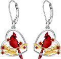 wholesale 10K Gold Red Cardinal Dangle Earrings w/Heart-Shaped Ruby Stones - Memorial Gift for Her-0-0