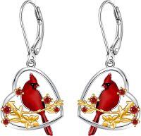 wholesale 10K Gold Red Cardinal Dangle Earrings w/Heart-Shaped Ruby Stones - Memorial Gift for Her-Style A