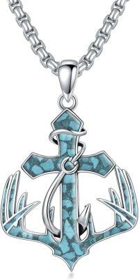 wholesale 925 Sterling Silver Turquoise Anchor Pendant Necklace for Men's Fishing Gifts-4-02-Turquoise