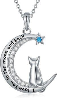 wholesale 925 Sterling Silver Moonstone Star and Cat Pendant Necklace with I Love You to the Moon Inscription - Gifts for Her-Cat on the Moon