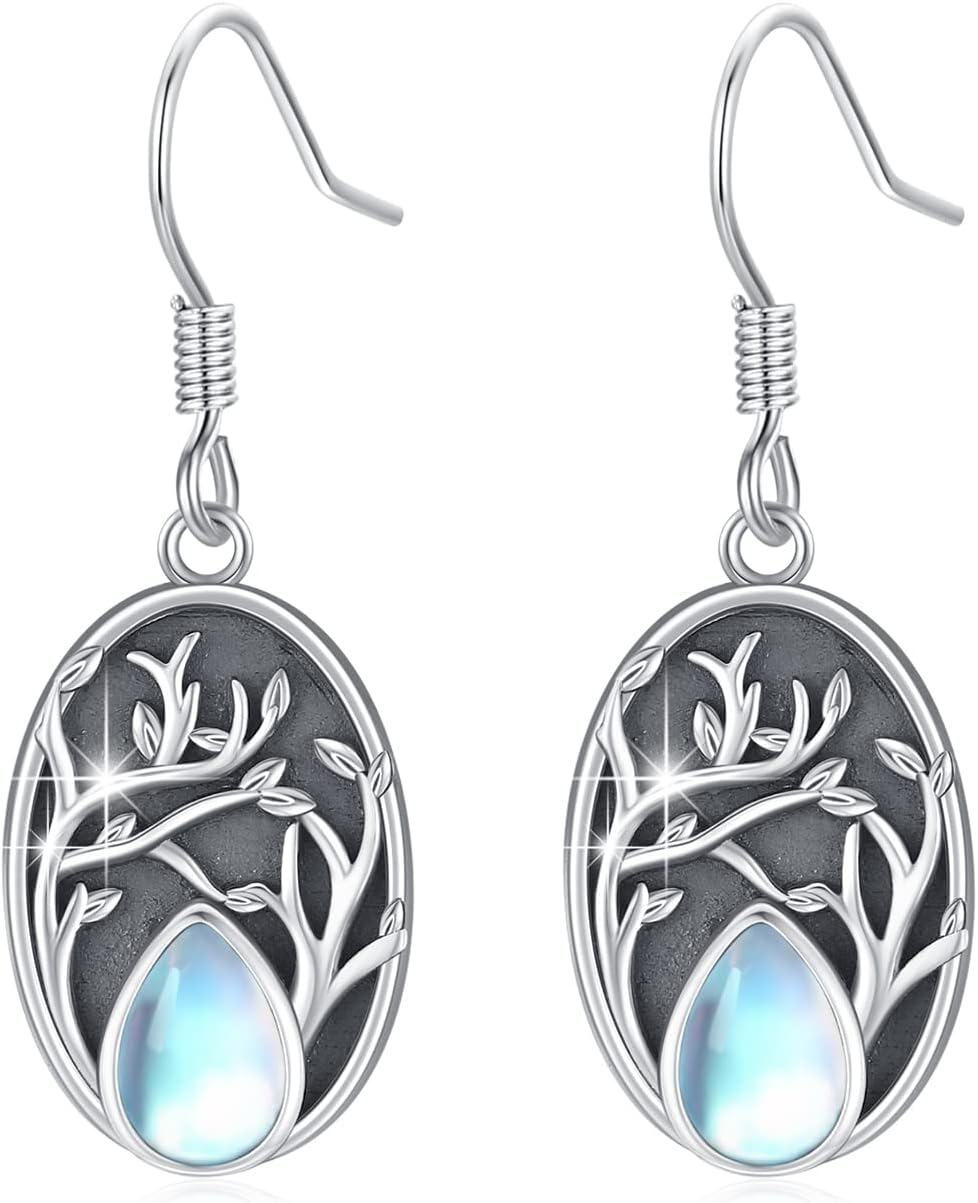 wholesale 925 Sterling Silver Tree of Life Moonstone Teardrop Dangle Earrings for Women-0-0