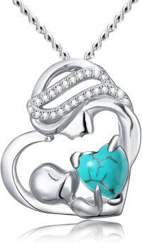 wholesale 925 Sterling Silver Genuine Turquoise and Cubic Zirconia Heart Mother's Day Gift Necklace-Style A