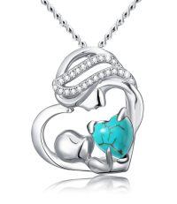 wholesale 925 Sterling Silver White Gold Plated Mother Child Heart Turquoise Pendant Necklace-Style A