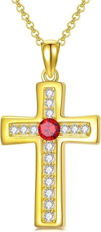 wholesale 925 Sterling Silver Gold Plated Cubic Zirconia Birthstone Cross Necklace-G.Dark Red-July-Ruby