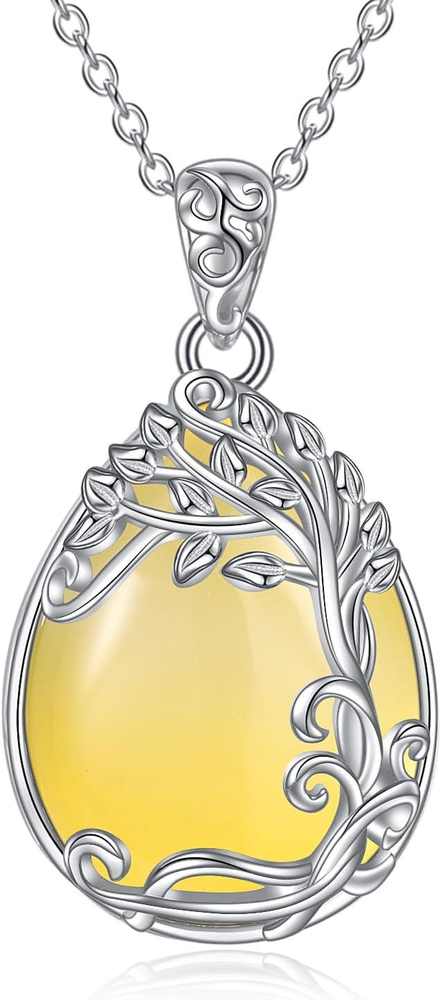Sterling Silver Moonstone Filigree Teardrop Pendant Necklace for Women-LL-Tree of Life Yellow Agate Necklace