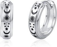 wholesale 925 Sterling Silver Sun & Moon Huggie Hoop Earrings with Stars - 14mm Diameter-Silver