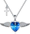 wholesale 925 Sterling Silver Angel Wing Heart Blue Crystal Cross Pendant Necklace-0-0