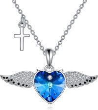 wholesale 925 Sterling Silver Angel Wing Heart Blue Crystal Cross Pendant Necklace-Blue Heart Cross Necklace