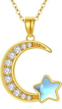 wholesale 14K Gold Moonstone Crescent & Star Pendant Necklace for Women s-Star Moonstone