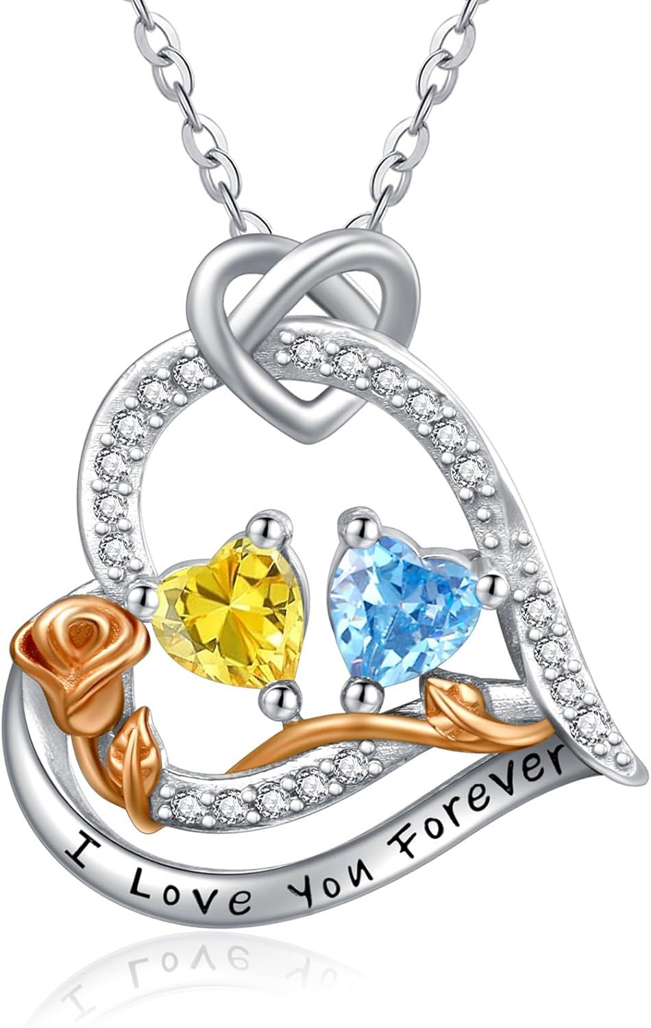  Sterling Silver 2 Birthstones Rose Heart Necklace for Women -11-12-Nov-Dec