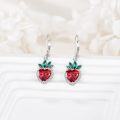 wholesale 925 Sterling Silver Heart-Shaped Red Crystal and Green Leaf Drop Earrings - Fruit Inspired Jewelry-0-2