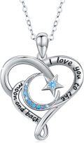 wholesale 925 Sterling Silver Heart-Shaped Moon & Star Pendant Necklaces with Blue Crystal Accents - I love you to the moon and back Engraved Message for Women's Gifts-0-0