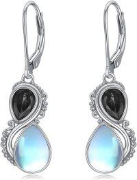wholesale Sterling Silver Moonstone Valentine Vintage Dangle Teardrop Leverback Earrings w Birthstone Gifts for Her-Black
