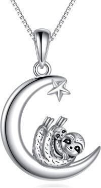 wholesale 925 Sterling Silver Sloth on Crescent Moon Star Charm Necklace - Adorable Gifts for Her-Sloth