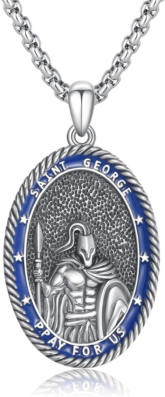 Sterling Silver Stone Saint George Shield Jesus Archangel Knight Templar Armor Pendant Necklace for Men-Saint George Necklace
