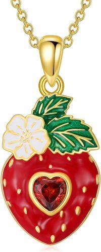 wholesale 925 Sterling Silver Red Enamel Heart-Shaped Strawberry Charm Necklace for Women Gifts-Gold