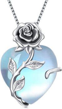 wholesale Sterling Silver Crystal Rose Flower Heart Pendant Necklace-Moonstone