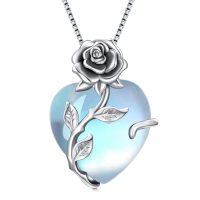 wholesale 925 Sterling Silver Crystal Rose Flower Heart Pendant Necklace-Moonstone
