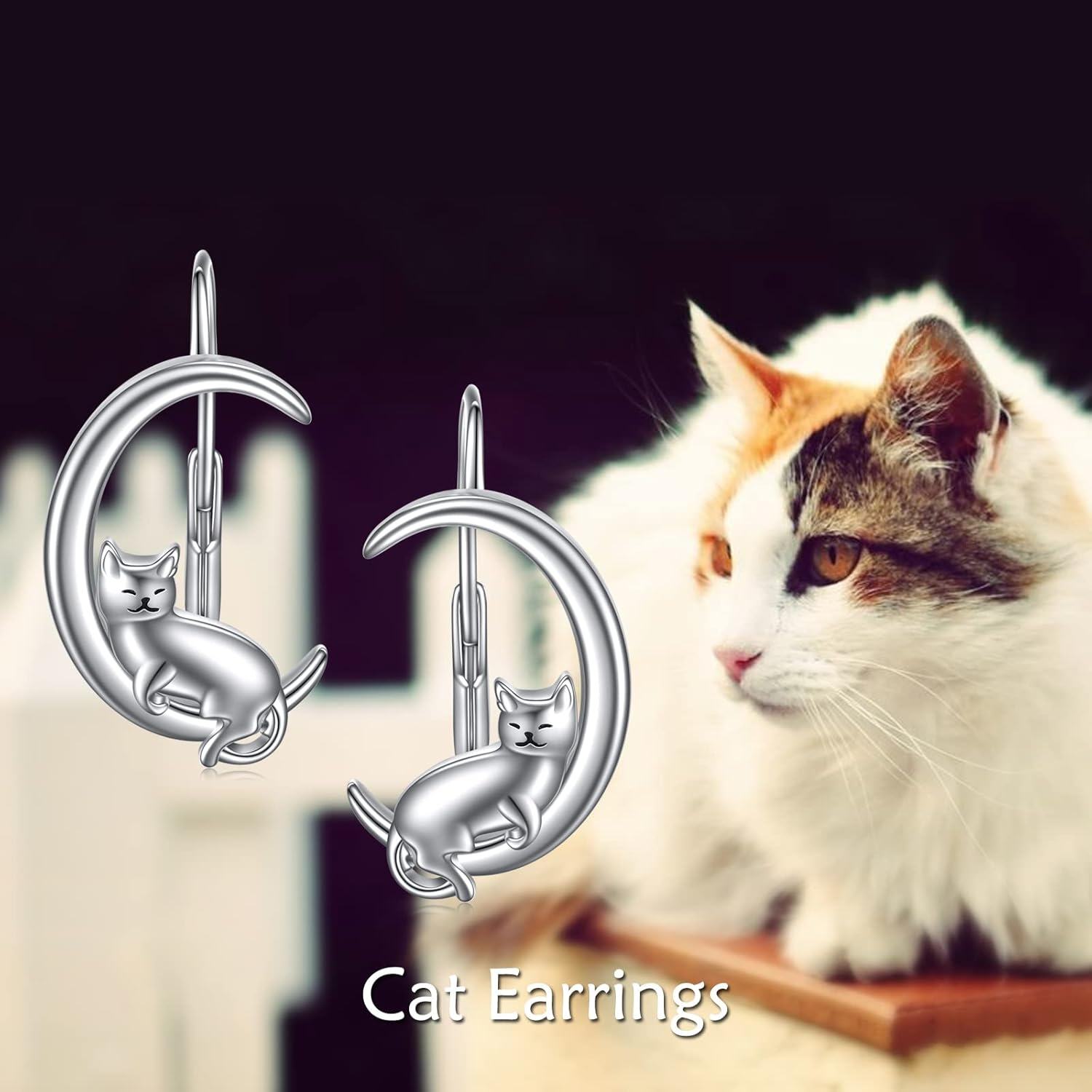 wholesale 925 Sterling Silver Cat on the Moon Leverback Dangle Drop Hoop Earrings for Women-0-5