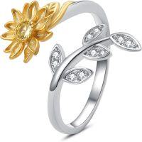 wholesale 925 Sterling Silver Gold Plated Sunflower Rose Daisy Adjustable Rings for Women (with Gift)-Sunflower