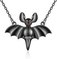 wholesale 925 Sterling Silver Black Bat Pendant Necklace with Red Eyes and Chain for Women Girls-Bat