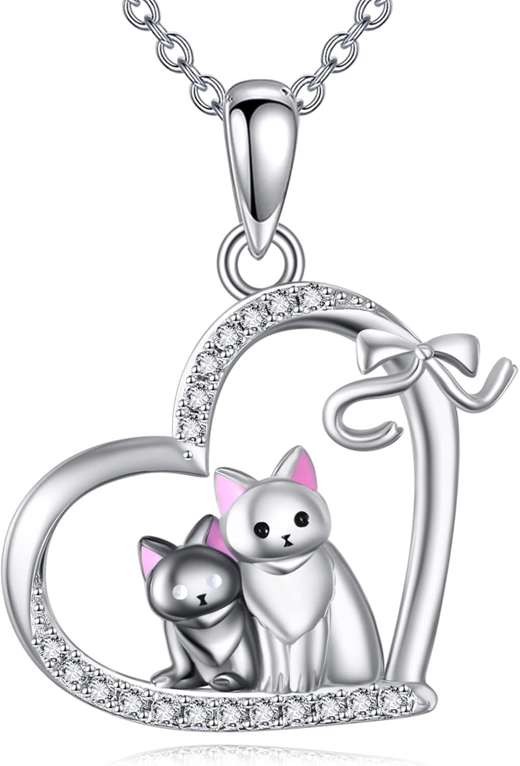 Sterling Silver Heart Necklace with Fox Axolotl Koala Giraffe Cow Guinea Pig Fairy Thistle Daisy Cat Duck Lion Pendant-L-Cat