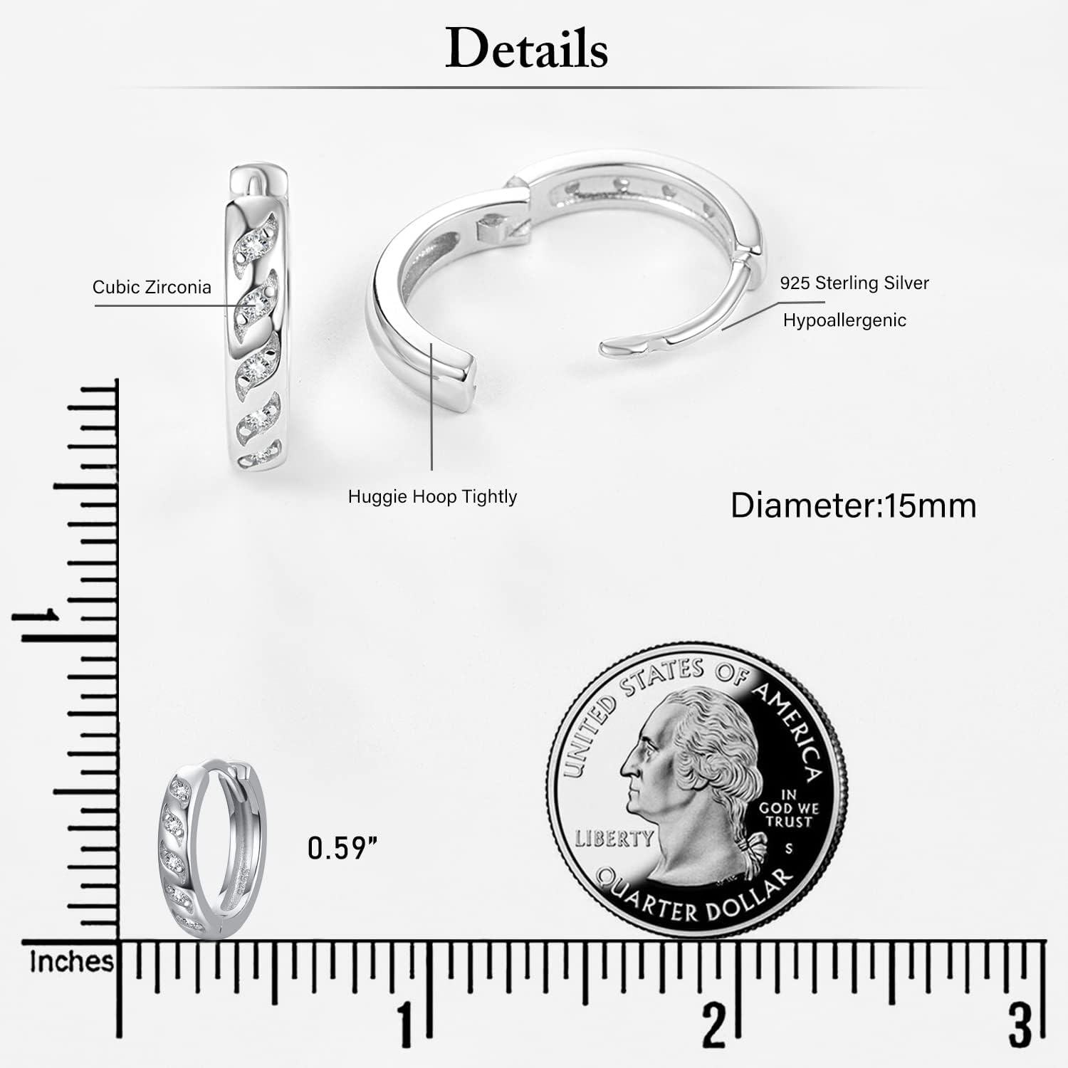 Sterling Silver Cubic Zirconia Hoop Huggie Wave Earrings for Women Men-0-5