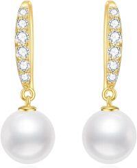 wholesale 10K Gold Pearls & Cubic Zirconia Drop Earrings for Women-Yellow Gold (10 MM Pearl)