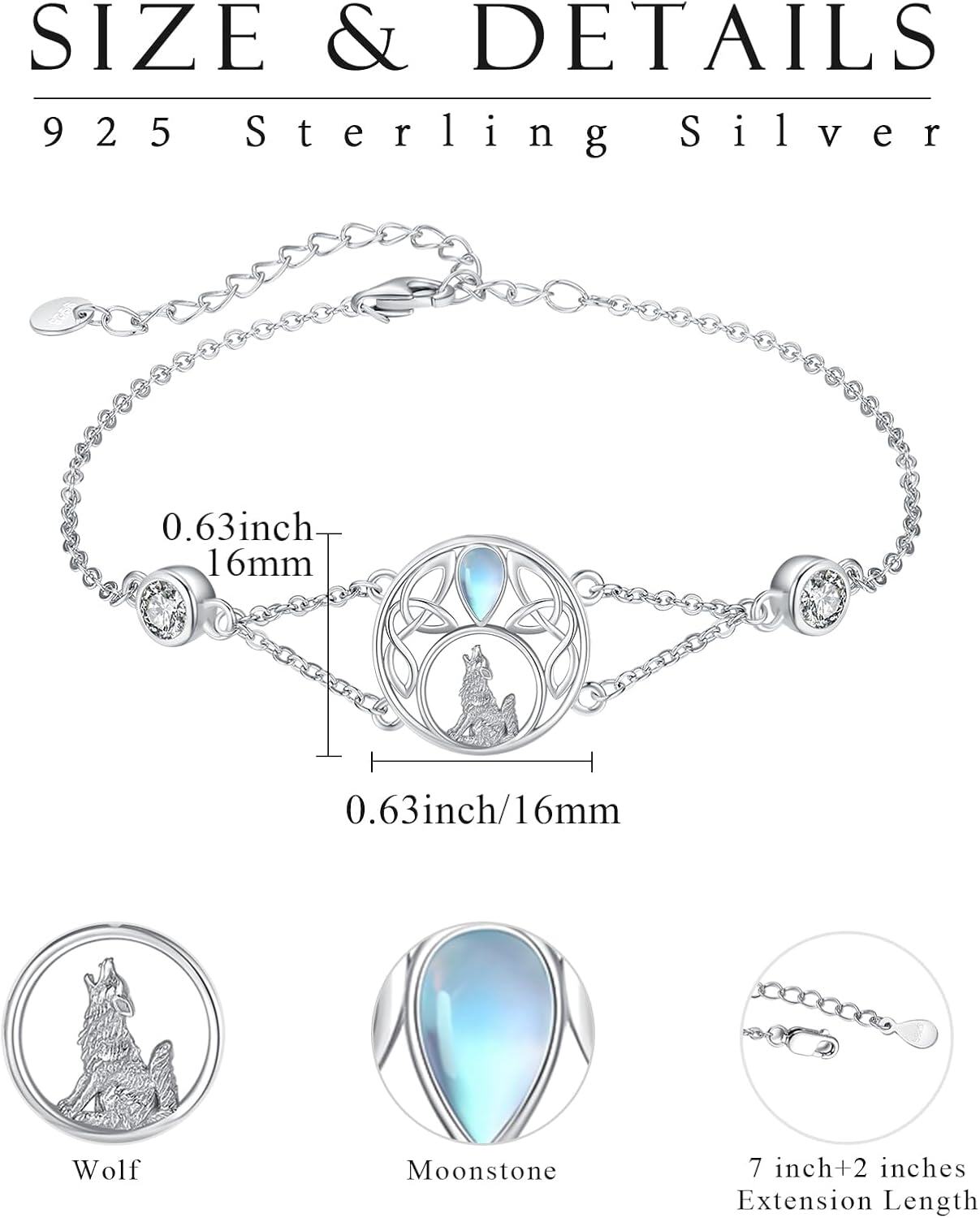 wholesale 925 Sterling Silver Moonstone Wolf Adjustable Howling Bracelet for Women-0-2