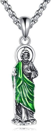 wholesale 925 Sterling Silver Saint Christopher Necklace with Green Enamel Cloak - Religious  for Women and Men -A-02 St Jude