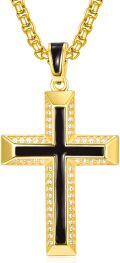 wholesale Gold 925 Sterling Silver Cross Pendant Necklace with Black Enamel and CZ Accents on Rolo Chain for Men (24)-0-0