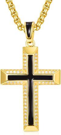 wholesale Gold 925 Sterling Silver Cross Pendant Necklace with Black Enamel and CZ Accents on Rolo Chain for Men (24)-Gold