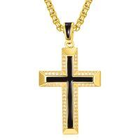wholesale Gold 925 Sterling Silver Cross Pendant Necklace with Black Enamel and CZ Accents on Rolo Chain for Men (24)-Gold