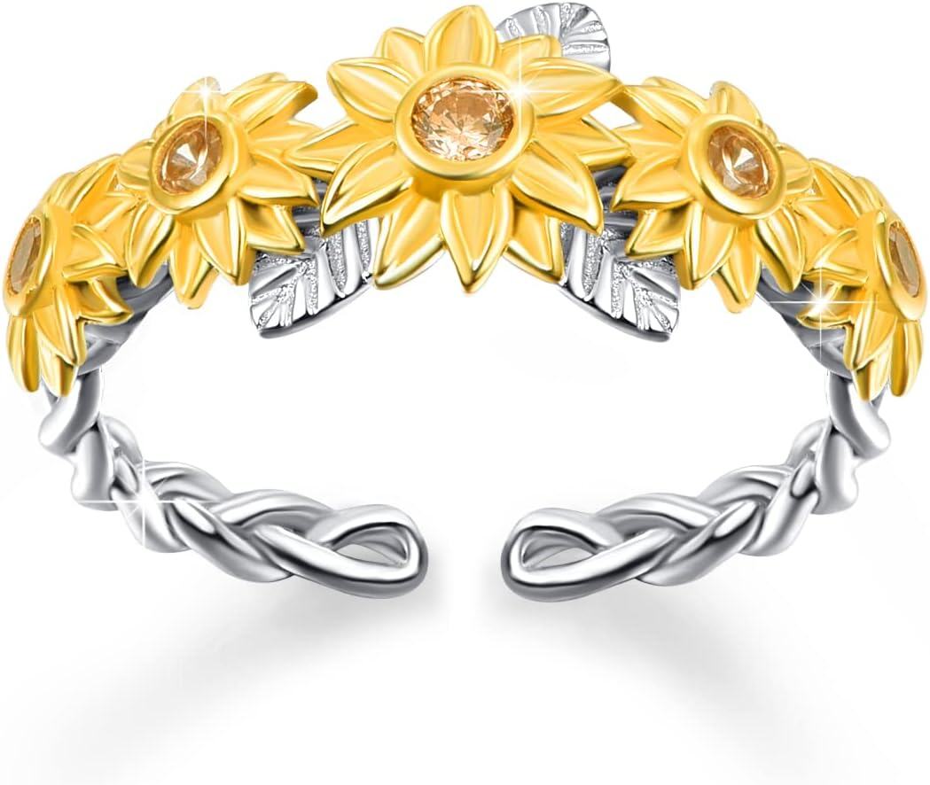 Sterling Silver Adjustable Open Ring Trendy Jewelry Gift for Women Christmas Birthday Engagement Wedding-Sunflower