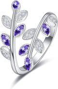 wholesale Sterling Silver Cubic Zirconia Dainty Leaf Rainbow Adjustable Open Ring-0-0