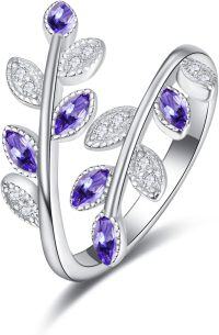 wholesale Sterling Silver Cubic Zirconia Dainty Leaf Rainbow Adjustable Open Ring-violet cubic zirconia ring