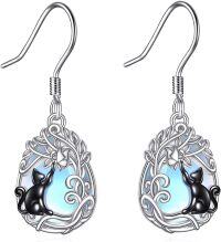wholesale 925 Sterling Silver Black Cat & Crescent Moon Teardrop Earrings - Adorable Kitty Lover Gift-Black Cat Moonstone Earring