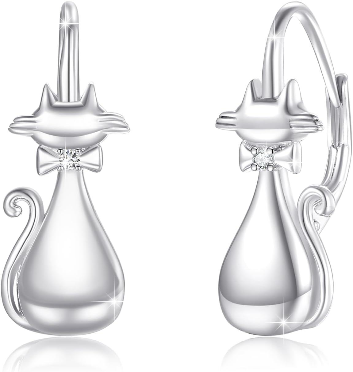 925 Sterling Silver Cat Shape Hypoallergenic Leverback Dangle Earrings with Bow Tie Accents for Women-0-0