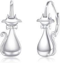 wholesale 925 Sterling Silver Cat Shape Hypoallergenic Leverback Dangle Earrings with Bow Tie Accents for Women-Cat
