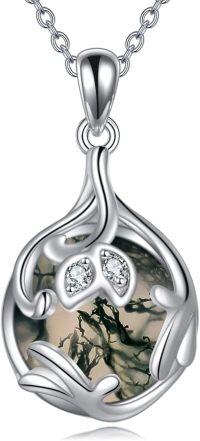 wholesale Silver 925 Sterling Silver Moonstone Moss Agate Hand Design Teardrop Pendant Necklace Gift-Moss Agate