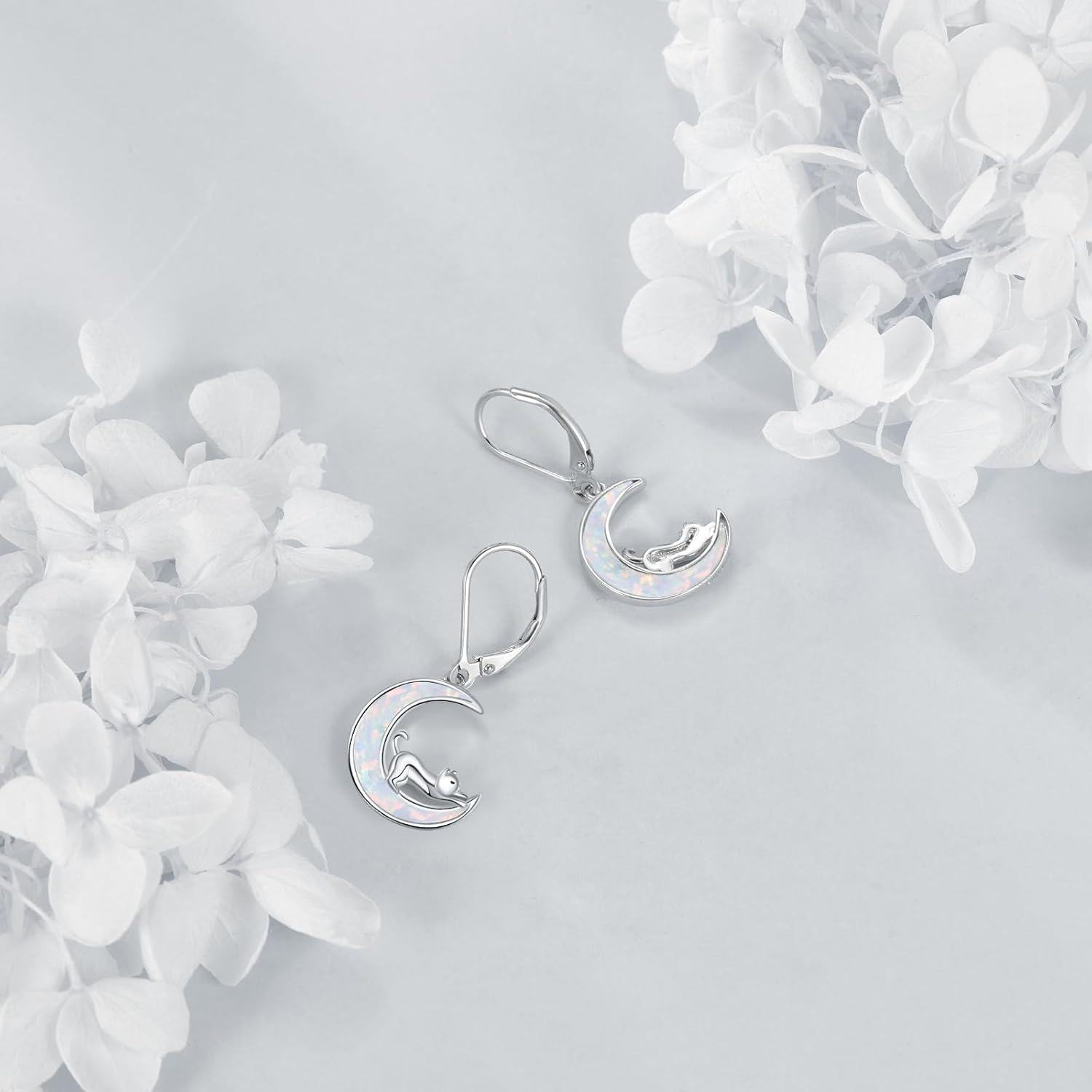 wholesale 925 Sterling Silver Moon & Cat Opal Drop Earrings for Pet Lovers-0-2