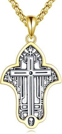 wholesale 925 Sterling Silver Hamsa Hand with Skull and Cross Pendant Necklace -Ankh