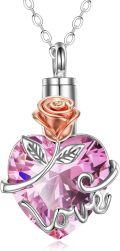 wholesale 925 Sterling Silver Purple Crystal Love Heart Keepsake Pendant with Rose and Leaves-0-12