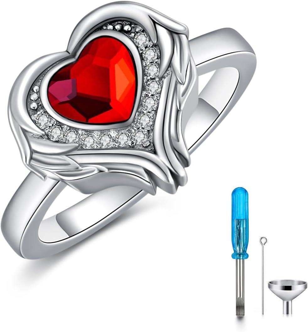 Sterling Silver Austrian Crystal Angel Wings Heart Cremation Ring for Ashes-0-0